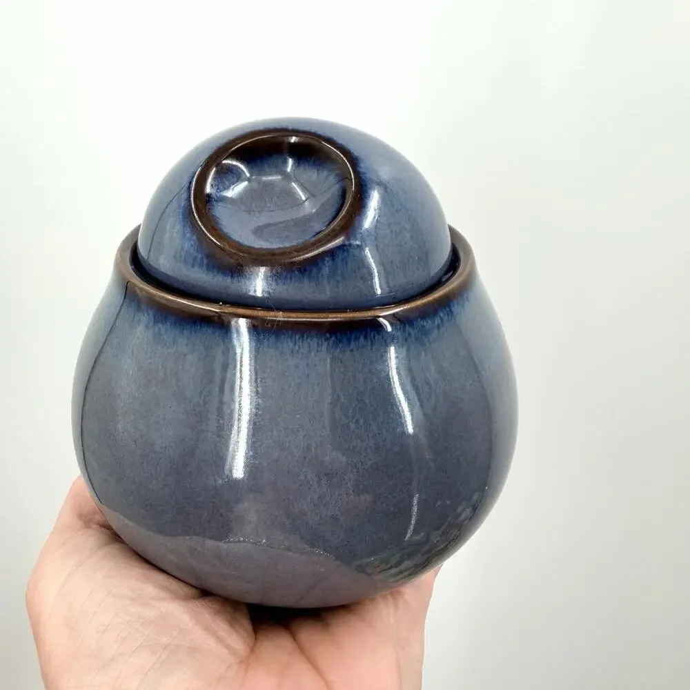 Sango Visions Eggplant Blue with Brown Rim Ceramic Creamer & Sugar Set